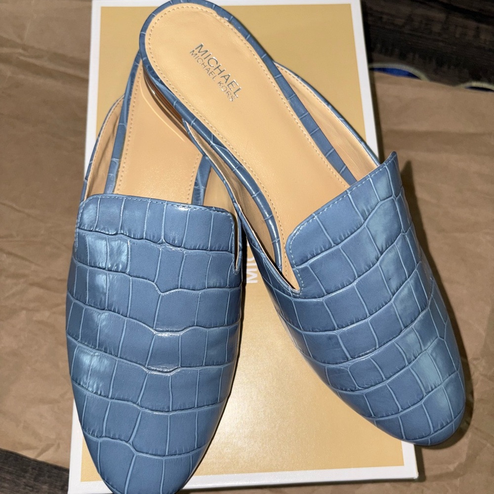 Michael Kors Light Blue Croc-Embossed Mules